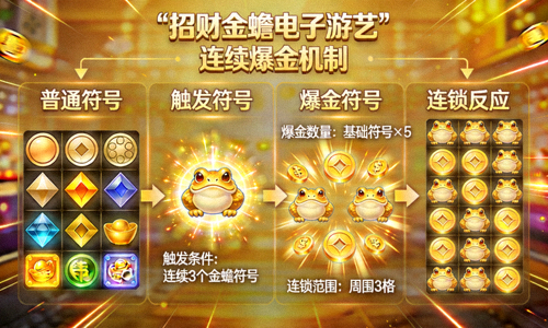 招财金蟾电子游艺连锁爆金机制动态示意图，展示符号转化过程