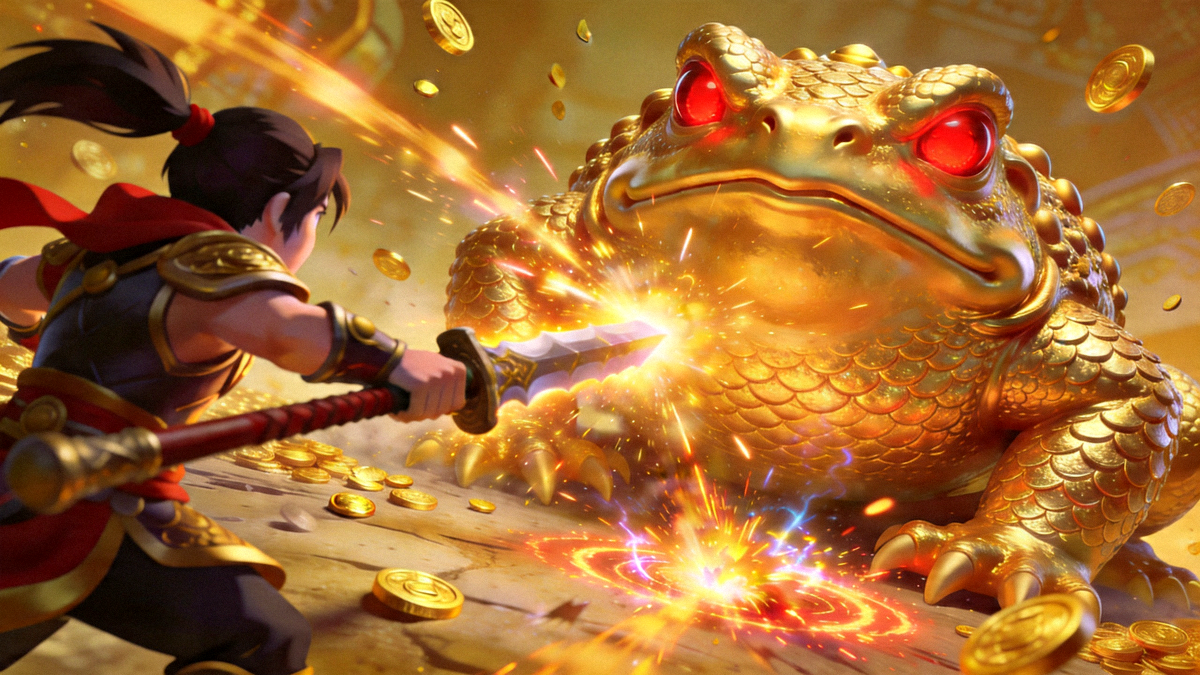 招财金蟾黄金阶段BOSS战游戏截图，展示玩家正在攻击大型BOSS