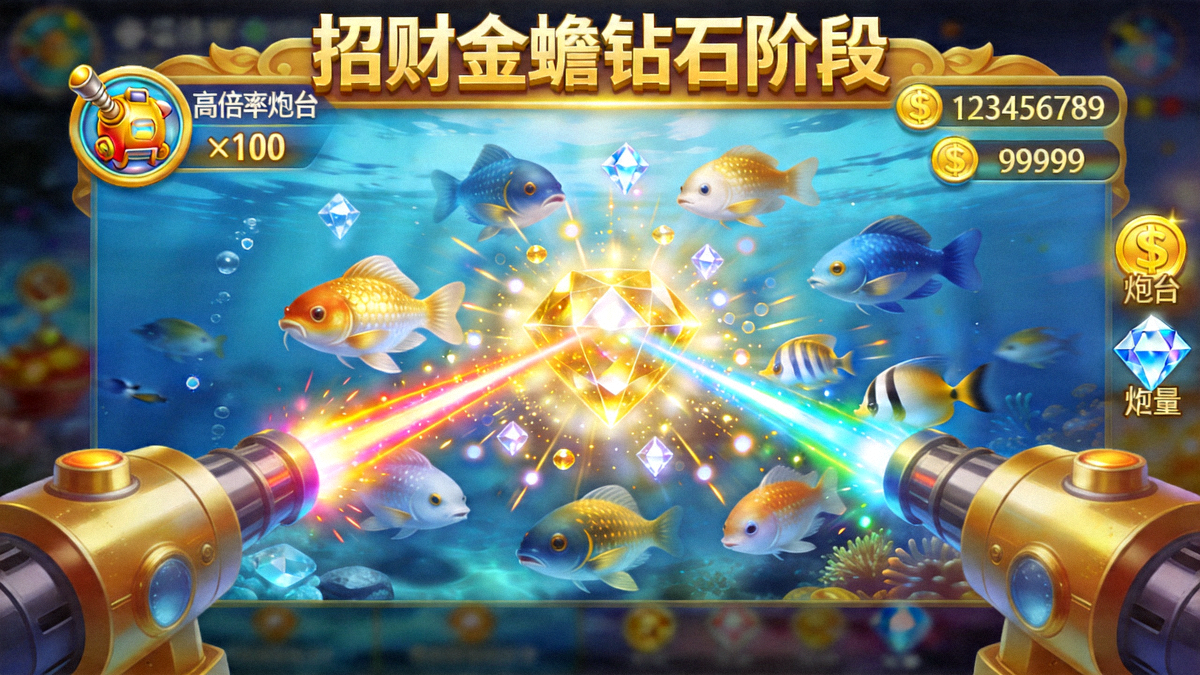 招财金蟾钻石阶段游戏截图，展示玩家使用高倍率炮台精准打击高价值鱼群