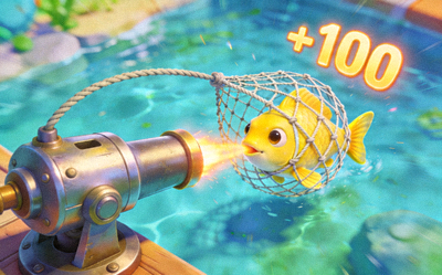 游戏画面示意图，展示炮台瞄准一条小黄鱼并成功捕获的瞬间