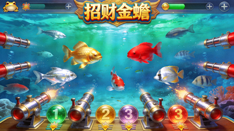 招财金蟾电子游戏主界面全景截图，展示绚丽的海洋场景、各种鱼类和底部炮台