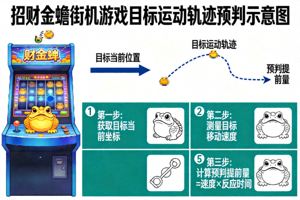 招财金蟾街机游戏目标运动轨迹预判示意图，展示如何计算提前量