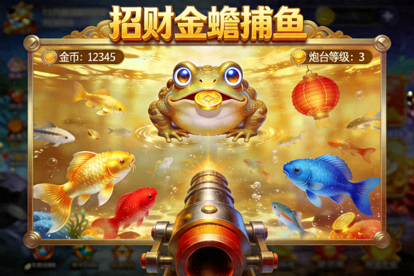招财金蟾电子游戏主界面截图，展示各种游动的鱼类和玩家炮台