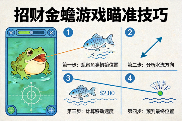 招财金蟾游戏瞄准技巧示意图，展示如何预判鱼类移动轨迹