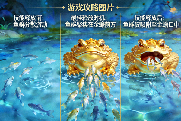 招财金蟾游戏技能释放时机示意图，展示技能与鱼群的关系