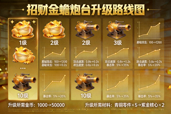 招财金蟾游戏炮台升级路线图，展示从1级到10级的属性成长曲线
