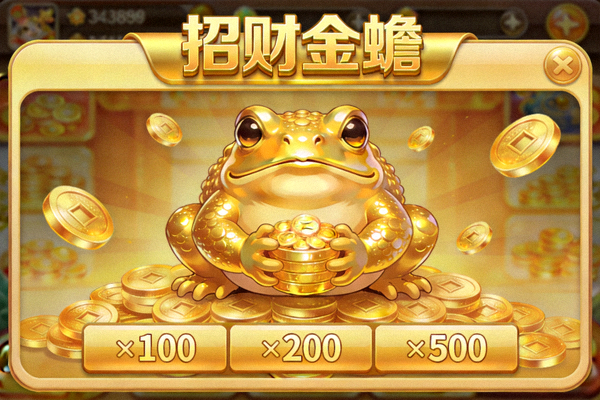 招财金蟾电子游戏主界面展示，包括金蟾、金币、奖励倍数等游戏元素