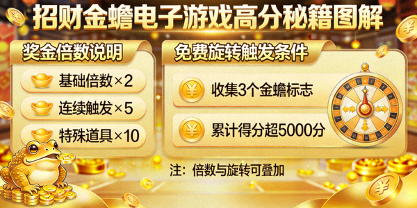 招财金蟾电子游戏高分秘籍图解，展示奖金倍数与免费旋转触发条件